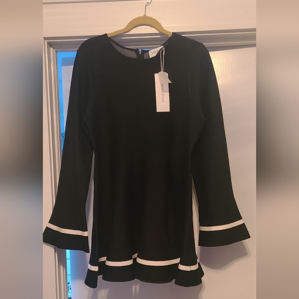 Black Bell Sleeve sweater dress with White Trim